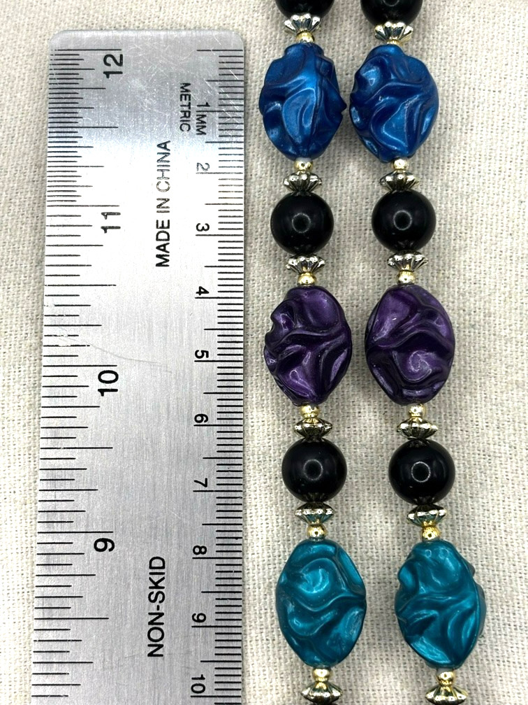 Vintage Purple Teal Blue Black And Silver Tone Crinkled Bead Necklace 24 Inch