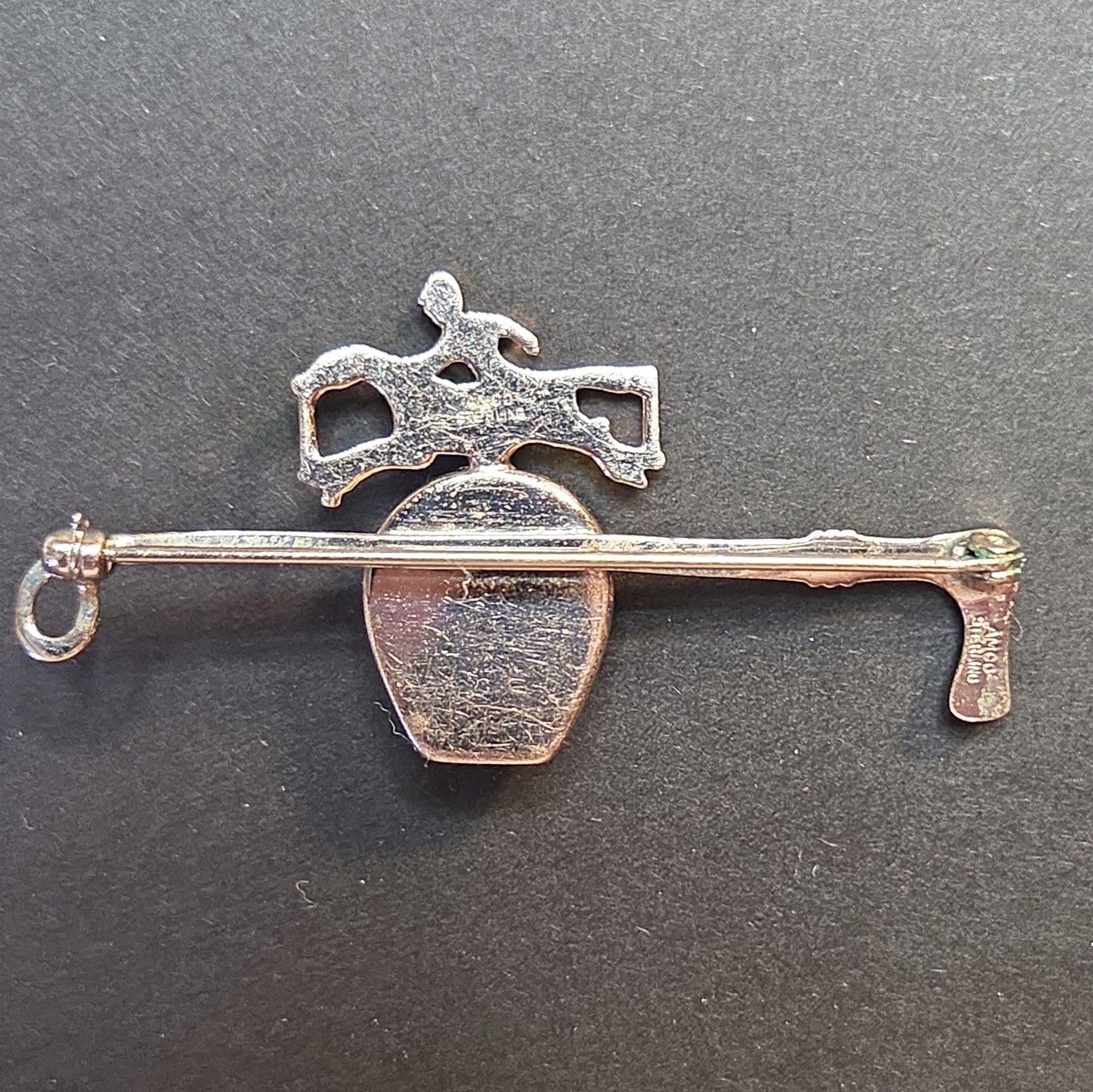 Antique 1900’s AMCO .925 Sterling Silver Hand Painted Horse and Jockey Brooch