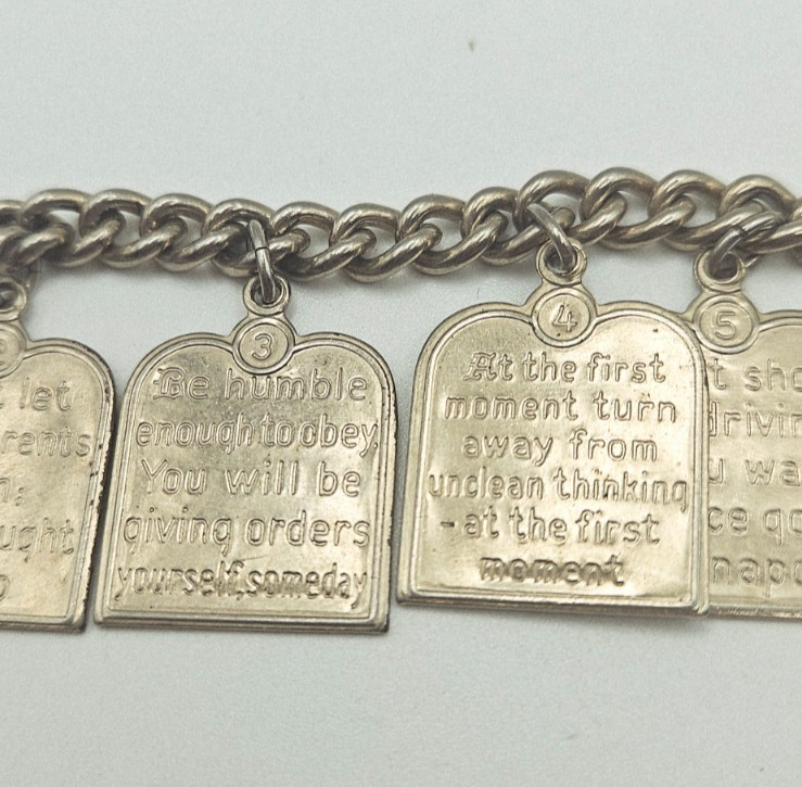 RARE Vintage 10 Teen Commandments Charm Bracelet Silvertone 1950s Paul Anka Song