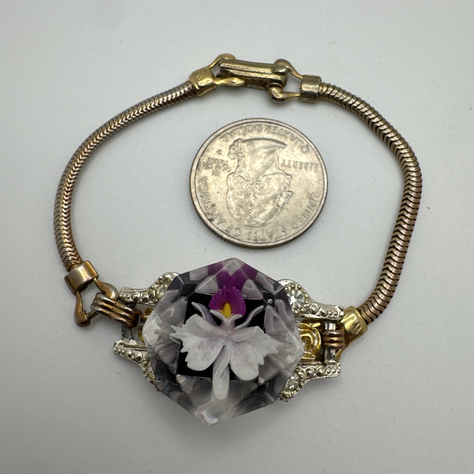 VTG Orchid White Purple Flower Snake Chain Two Tone Bracelet Clear Gem Woman