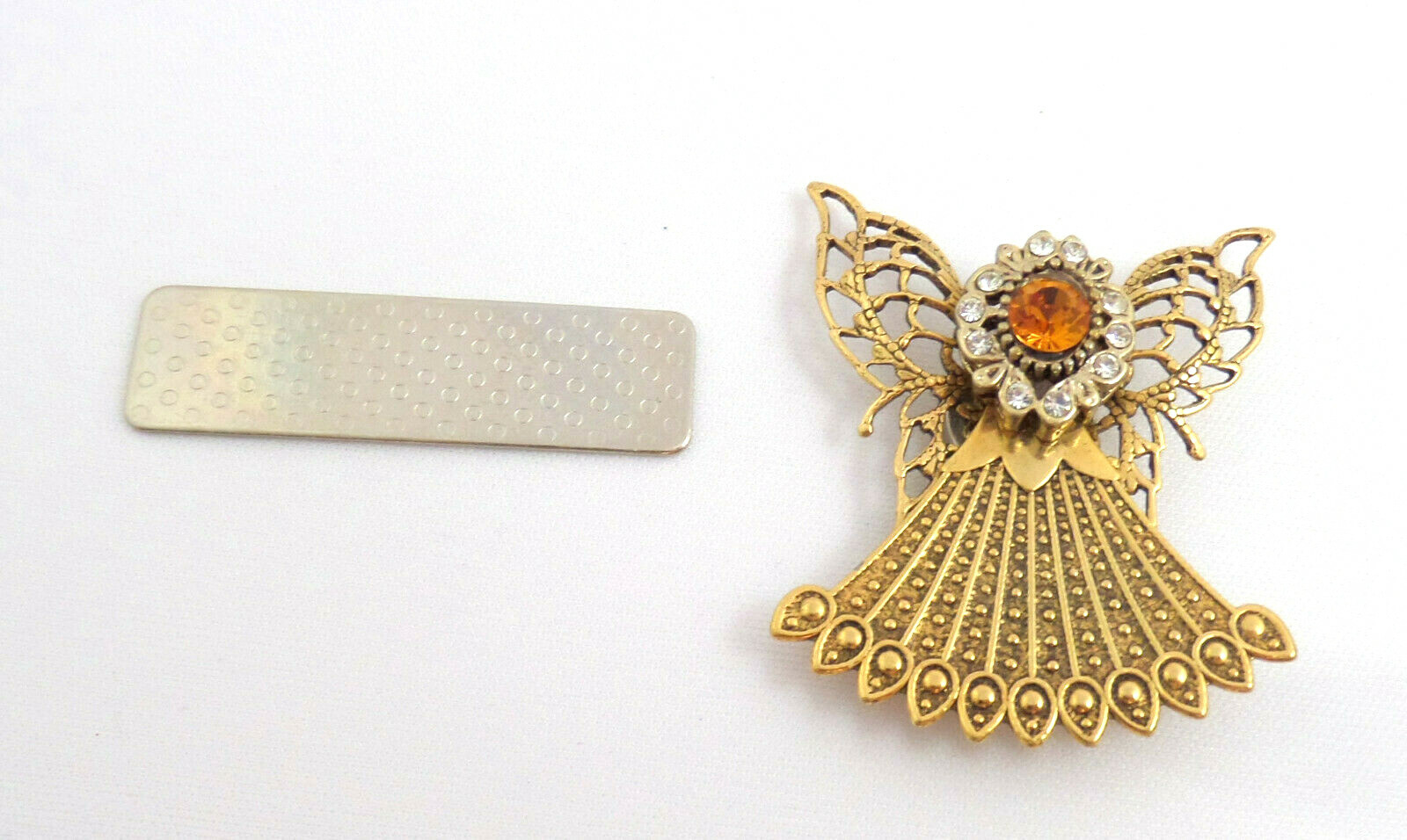 VTG Magnetic Pin Gold Plated Angel w Yellow & Clear Rhinestones Almost 2” Tall
