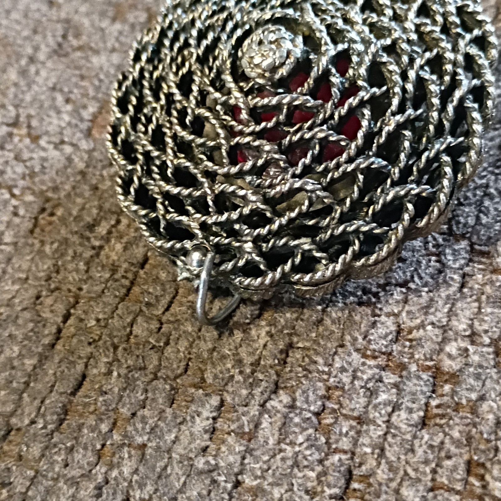 Vintage Round Red Glass pendant with Silver Metal Accents