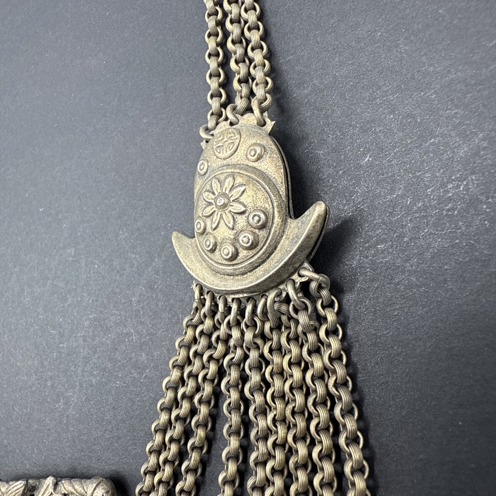 Vintage Knight Sword Shield Festoon Chain Gold Tone Necklace Triangle 15.5” J46