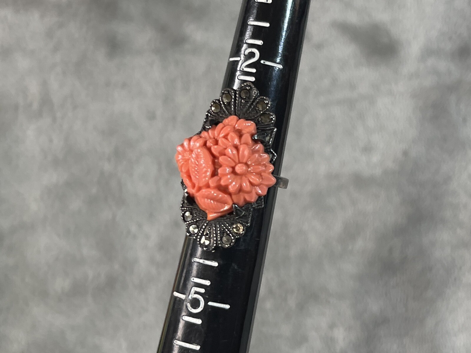 Antique Sterling Marcasite Coral Glass Floral Ring, Size 3.75