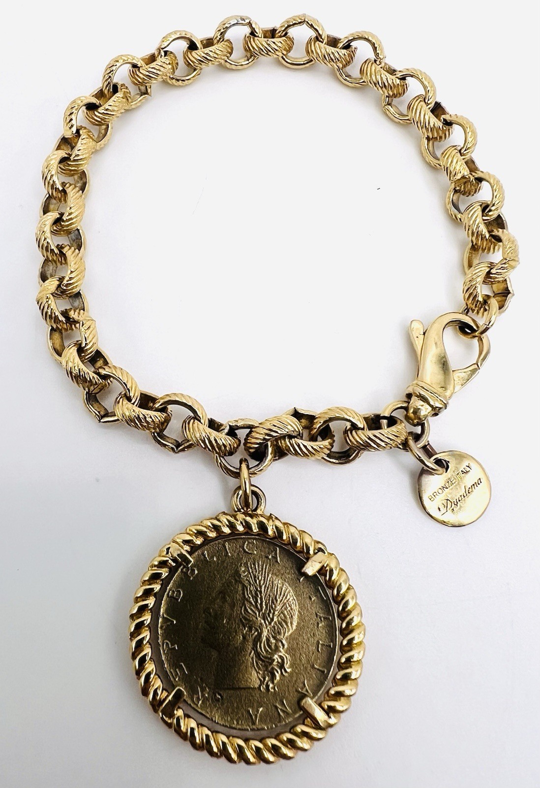 Vintage Dyadema Italy Bronze Coin Chain Link Bracelet 7.5”