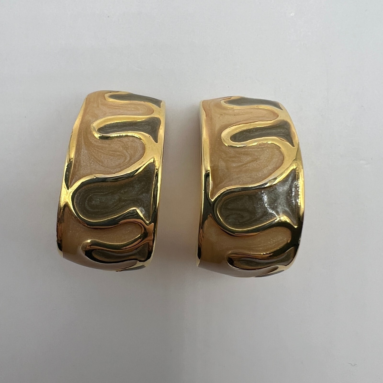 Vintage Clip On Earrings Half Hoops Peach Gray Brown Enamel Gold Tone
