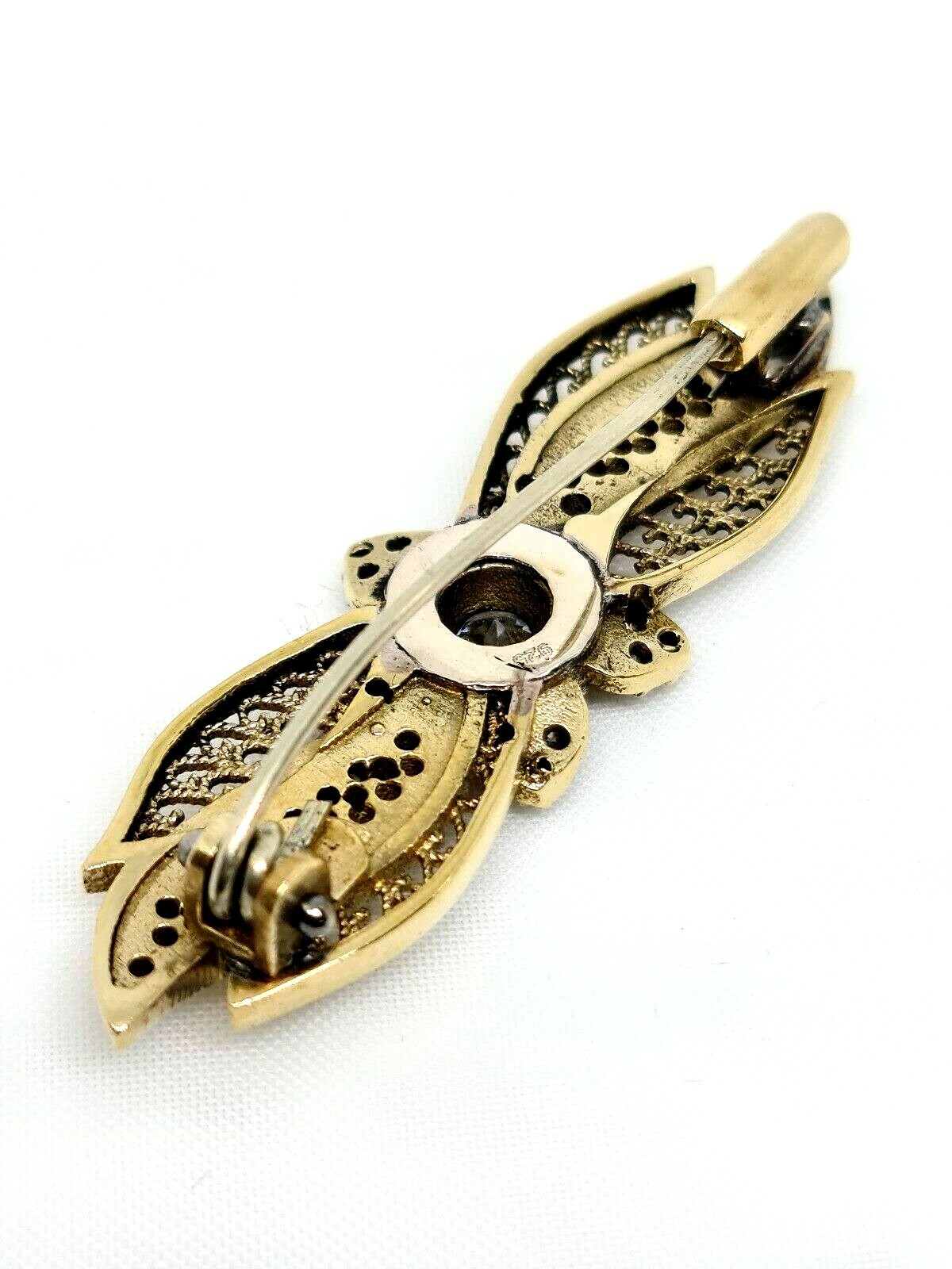 Vintage Silver Brooch Plated With Gold Water Set With Zrconia Stones #982#