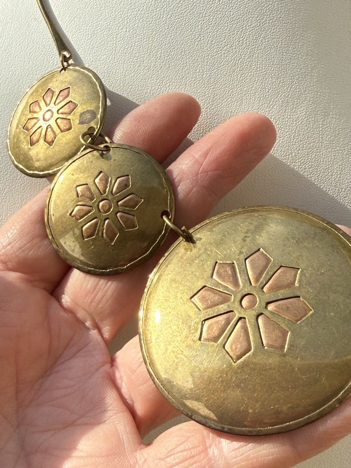 Vintage Artisan Abstract Round Copper & Brass Disc Statement Modernist Necklace