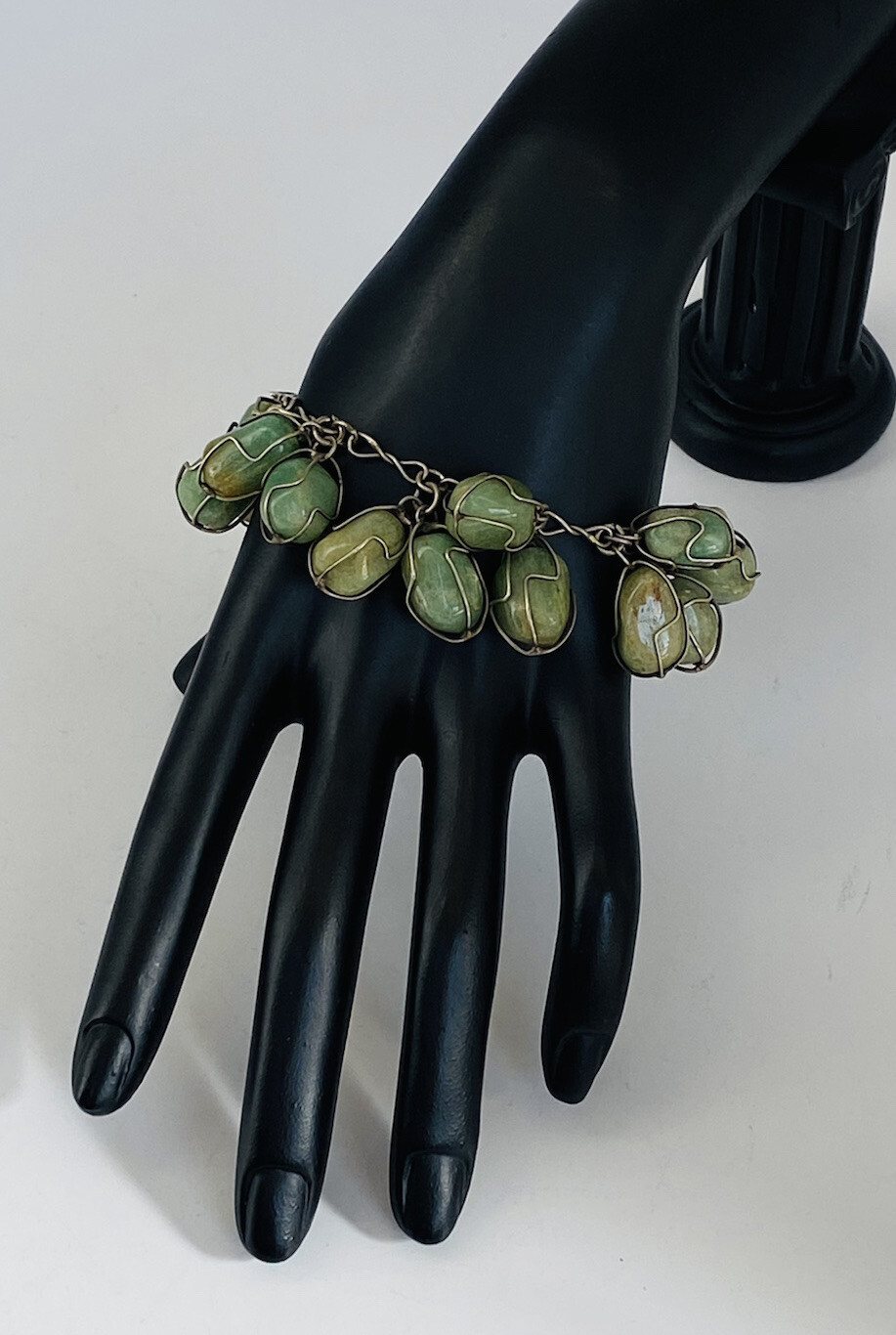 Vintage Sterling Silver Green Jade Tumbled Stone Wire Wrap Link Bracelet 7”