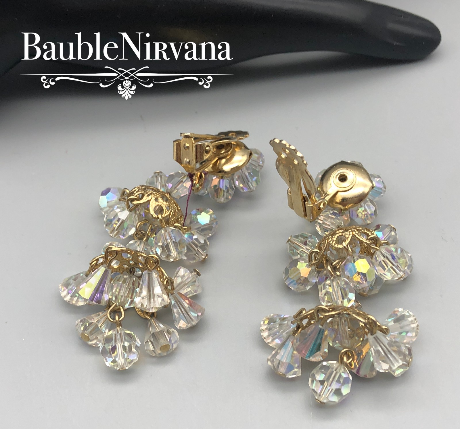 Vintage Austrian Crystal AB Bell & Round Faceted Beads Chandelier Earrings