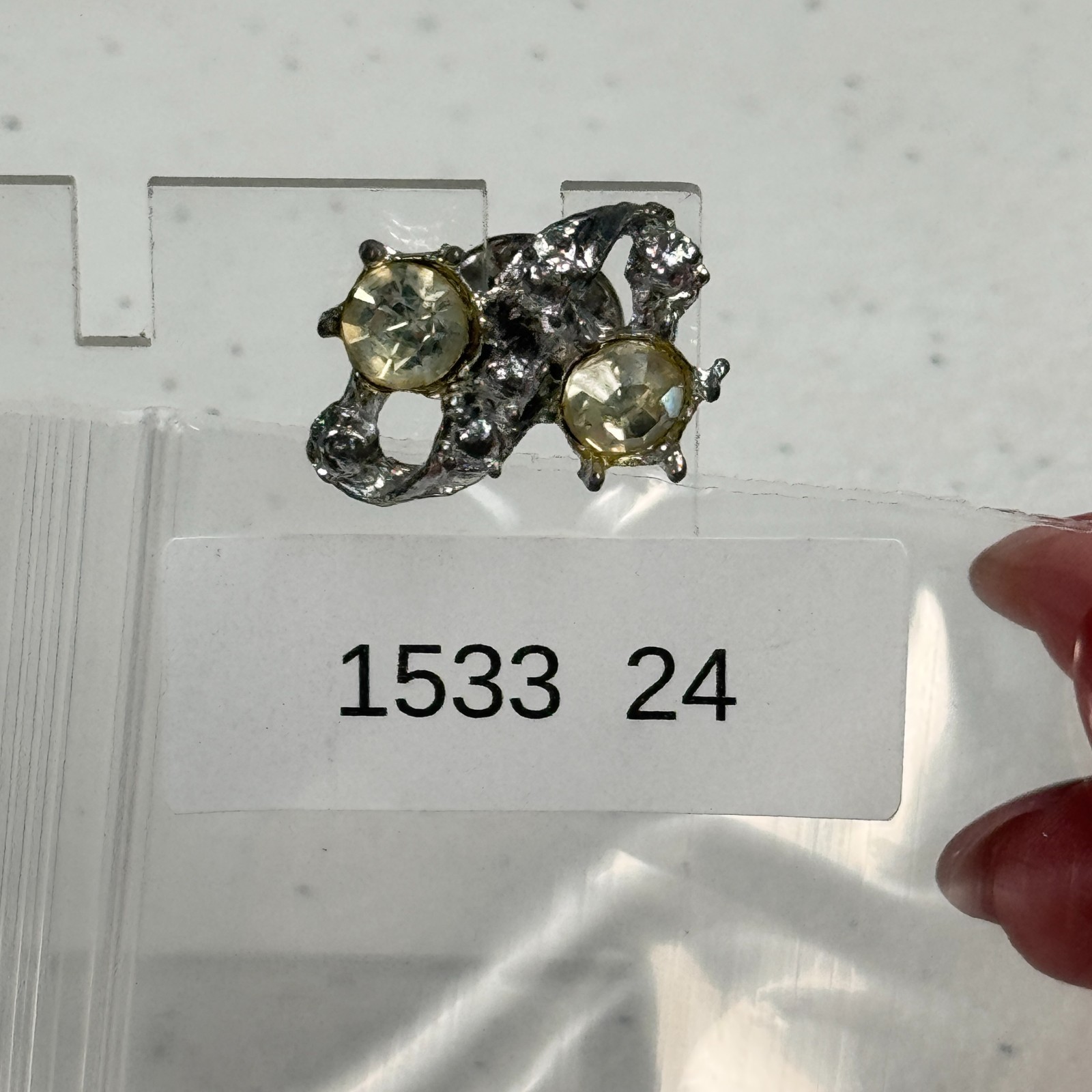 Vintage Brooch Abstract Brutalist Silver Tone Yellow Rhinestone Modernist Pin