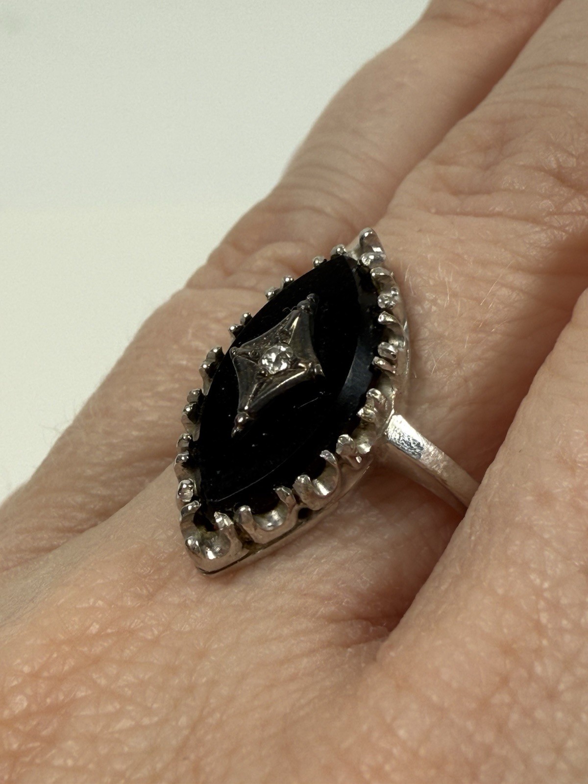 Vintage Art Deco 14k White Gold Marquise Black Onyx Diamond Ring Size 7