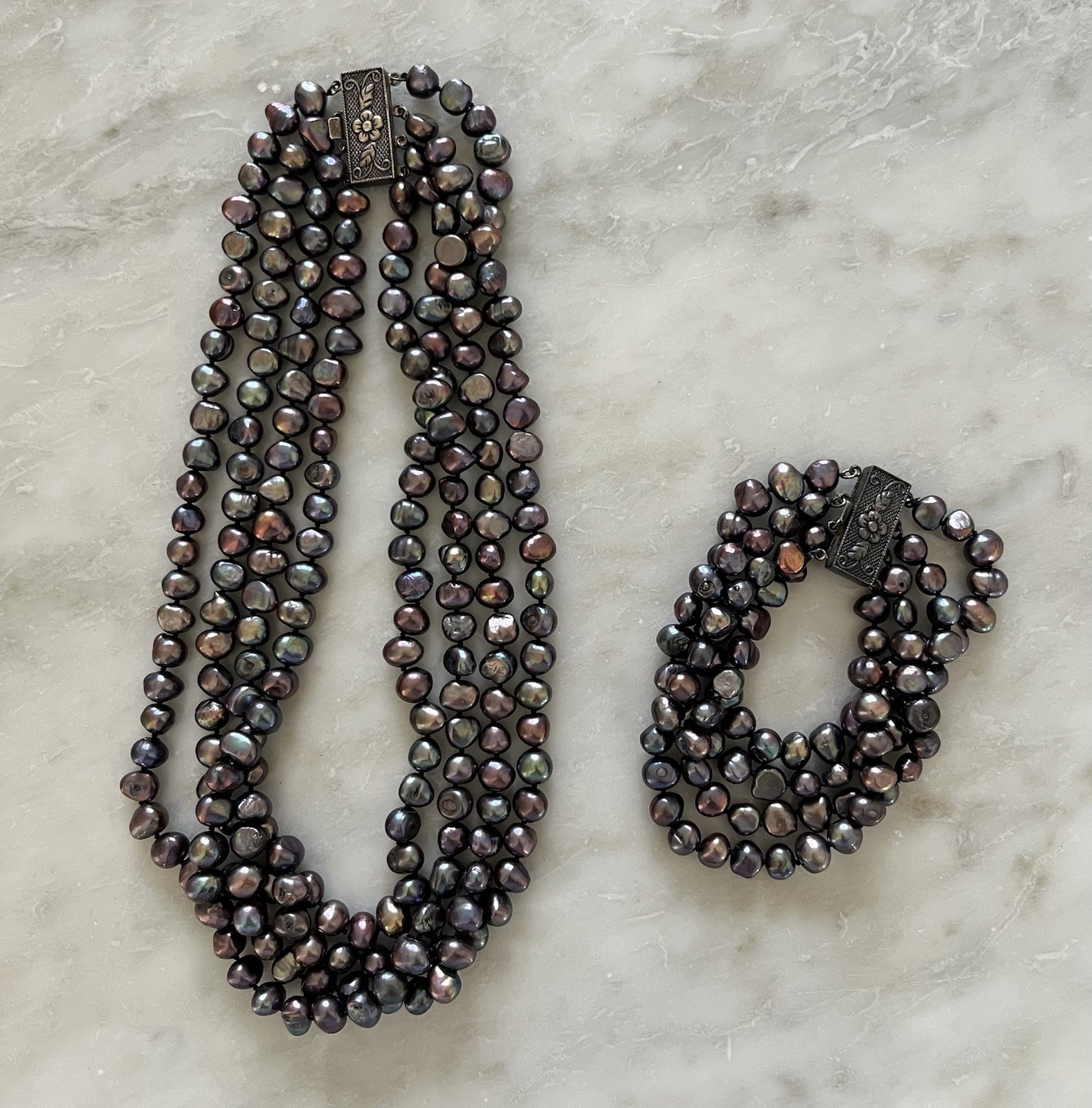 Vintage Estate Baroque Pearl Peacock Blue Purple Plum Necklace & Bracelet Set