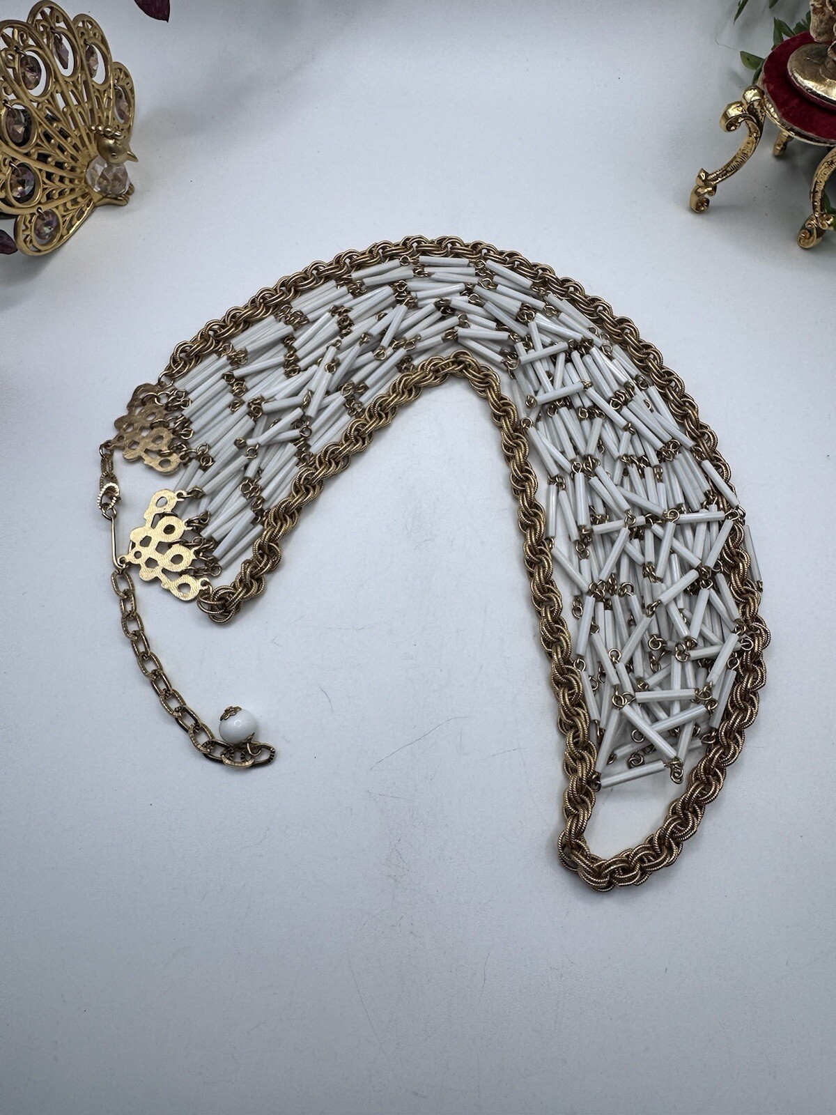 Gorgeous Vintage Necklace White Multi Strand Tube And Rope Chain Gold Tone
