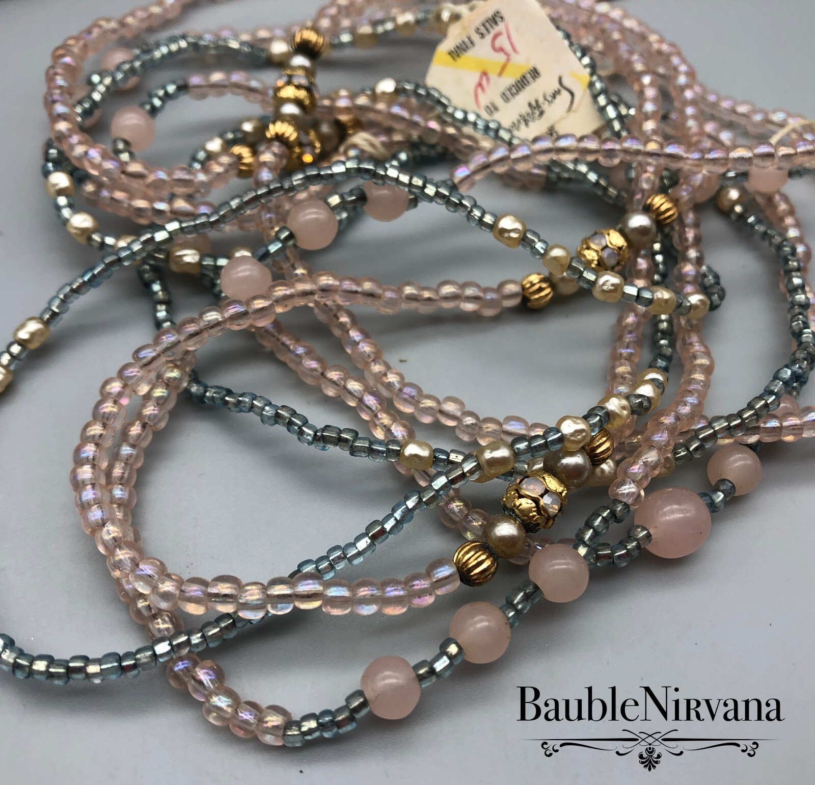 Set of 3 Vintage Aurora Borealis Glass Bead Necklaces Pink Blue Gold Never Worn