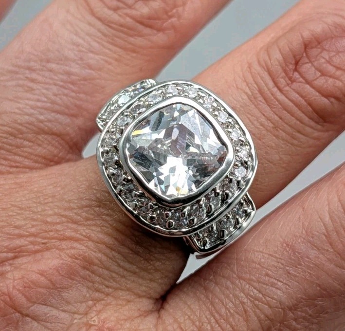 Vintage Silver Plated Cubic Zirconia Cushion Cut Halo Engagement Ring Sz 6.75