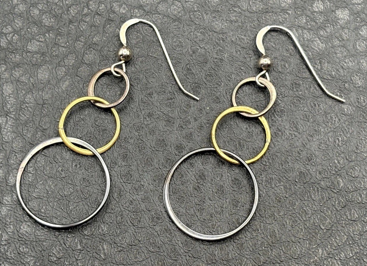 Sterling Silver Mixed Metal Try Color Interlocking Circle Dangle Drop Earrings