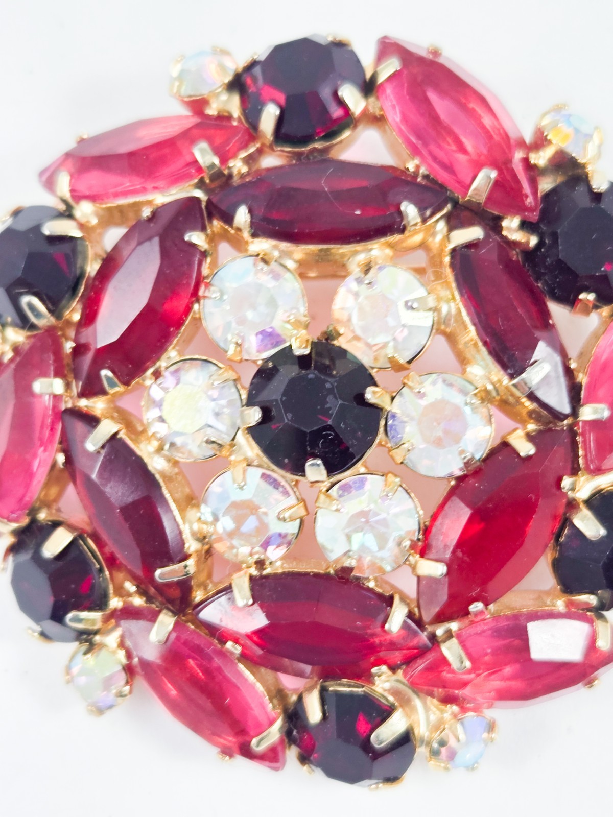 Retro Red Fuchsia Black AB Gold Tone Rhinestone Vintage Brooch