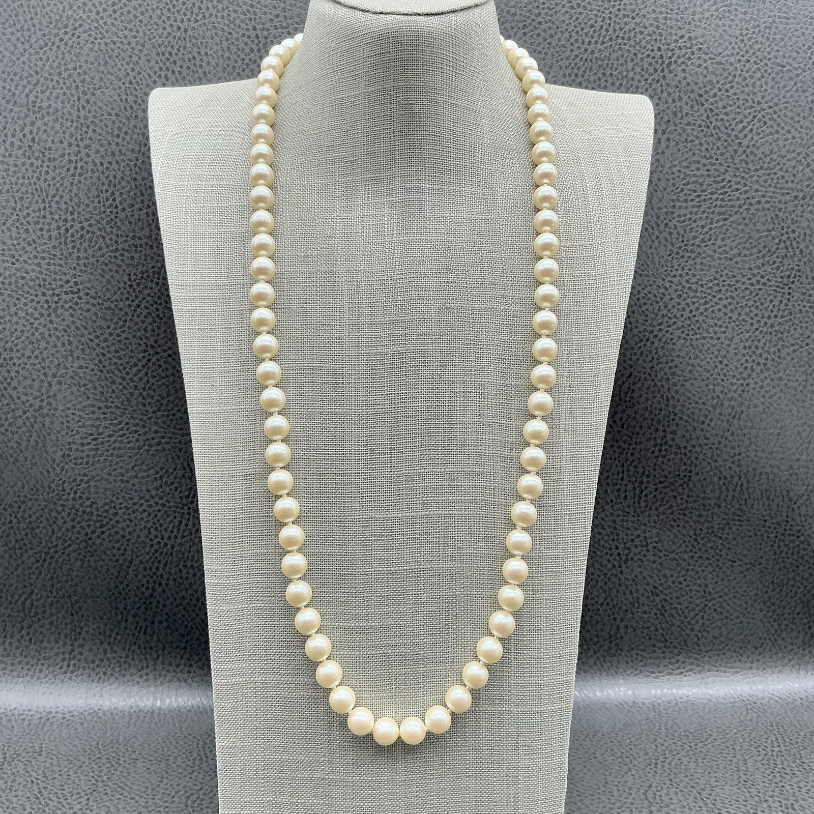 Vintage Monet Faux Pearl Beaded Necklace Gold Tone Knotted Ivory Strand 24 Inch