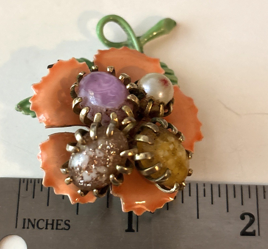 Vintage Enamel Orange Flower Power Brooch With Prong Set Tumbled Stones READ