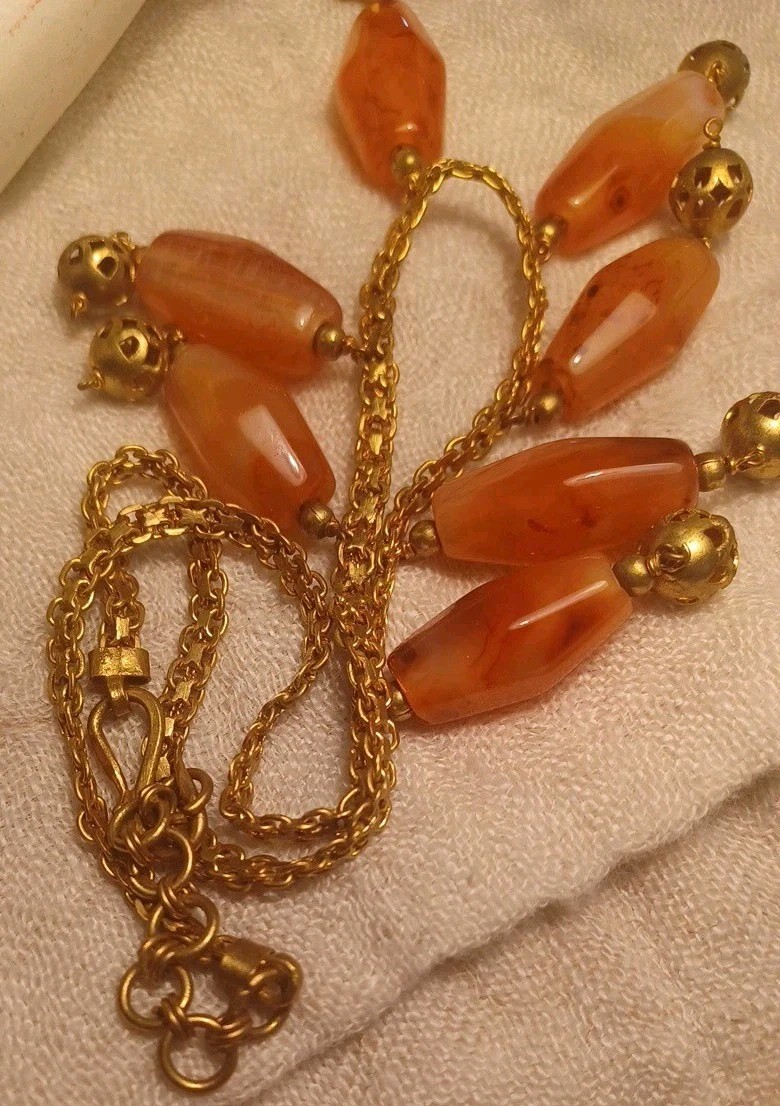 Gemstone Art Festoon Brass Booklink Chain Carnelian Bead Dangle Collar Necklace