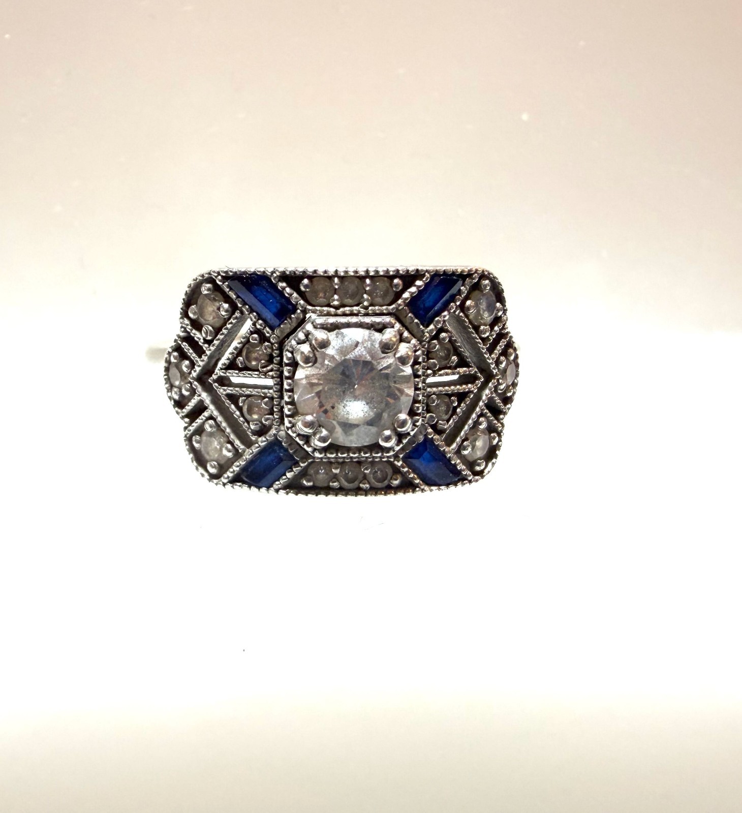 Art Deco Style Sterling Silver CZ & Blue Sapphire Accents Ring – Size 7