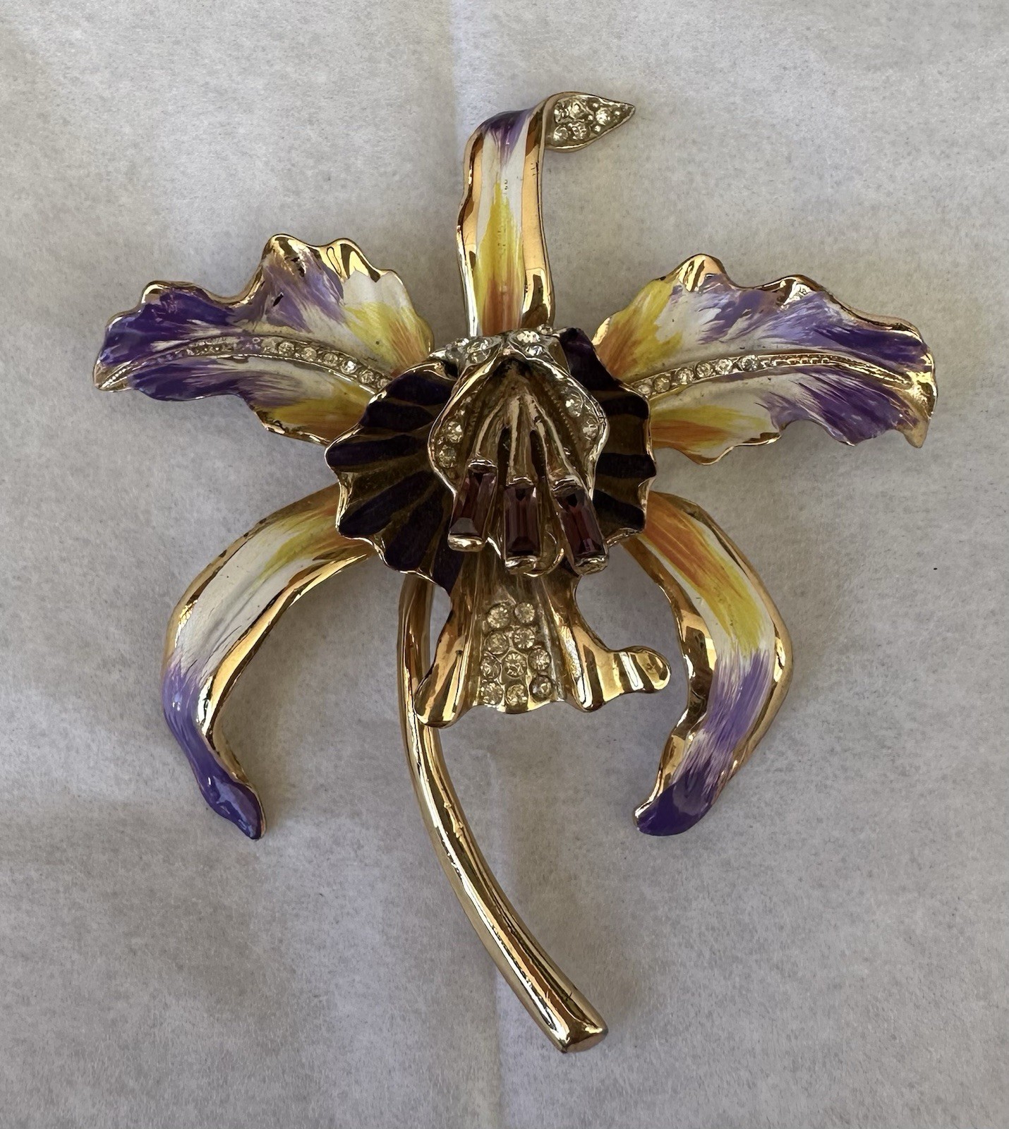Coro Craft Vintage Pin Orchid Purple & Yellow Enamel Leaves Rhinestone Sterling