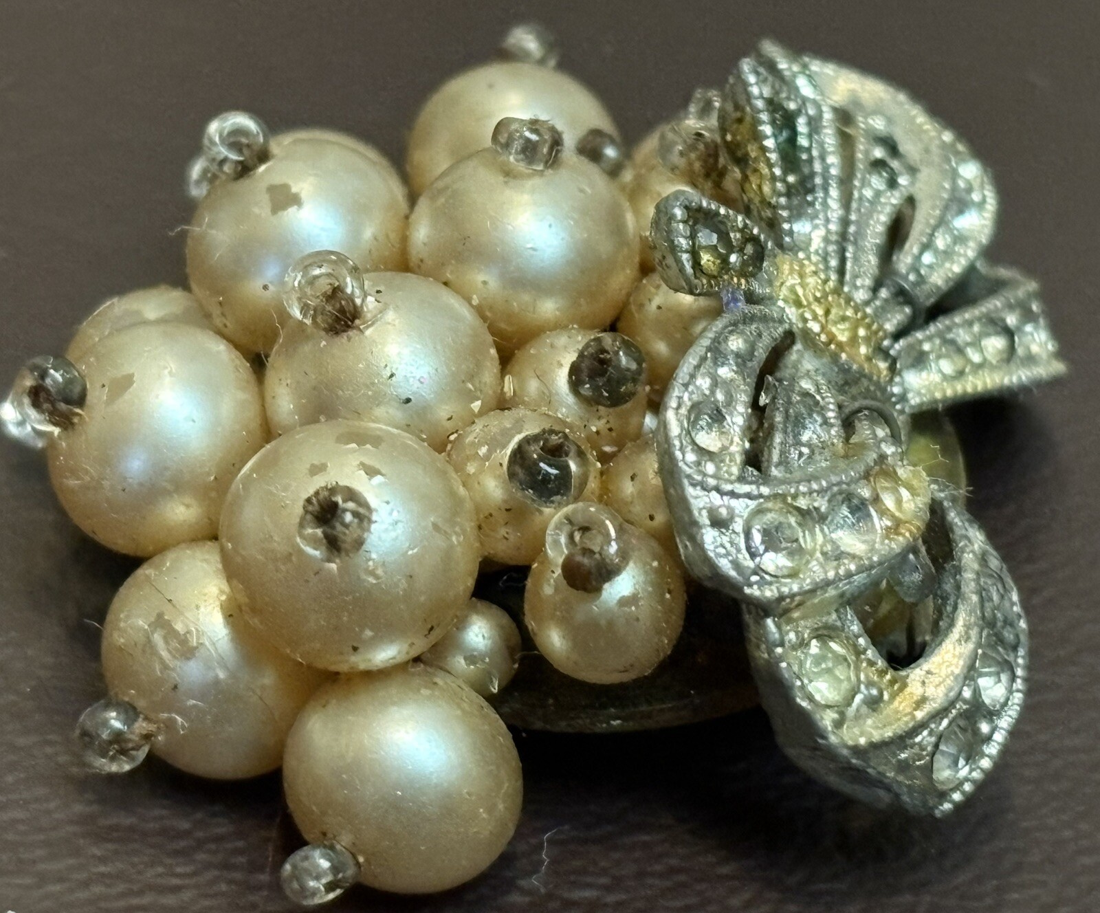 VTG Early Unsigned Haskell Dress Clip Bow Faux Pearl Rhinestone Silver Tone READ