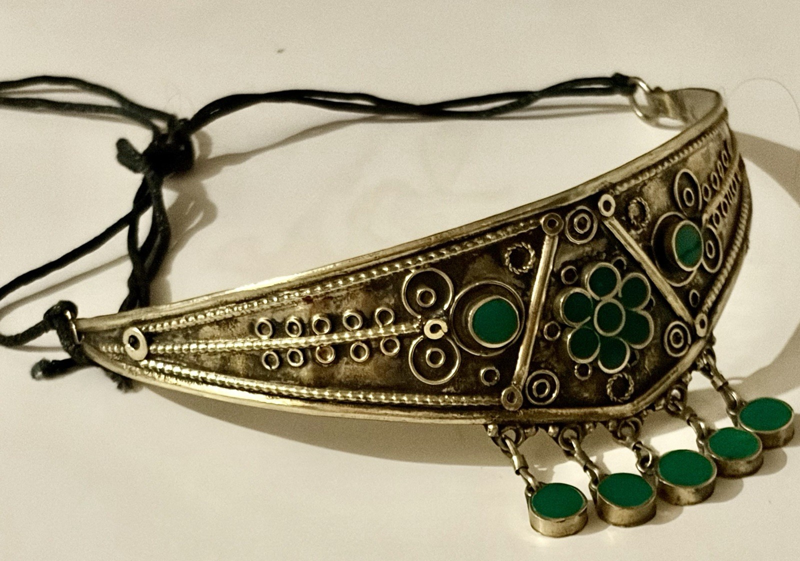 Vintage Silvery Tone Moroccan Green Cabochon Tassel Choker / Bead Bracelet Set