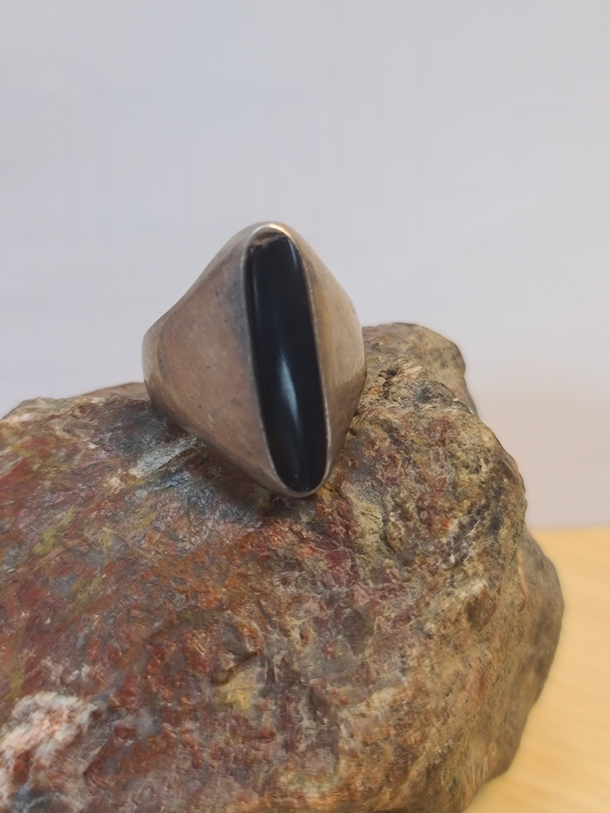 Vtg Sterling 925 Solid Silver Black Onyx Modernist Taxco MEX Ring 8.25sz Signed