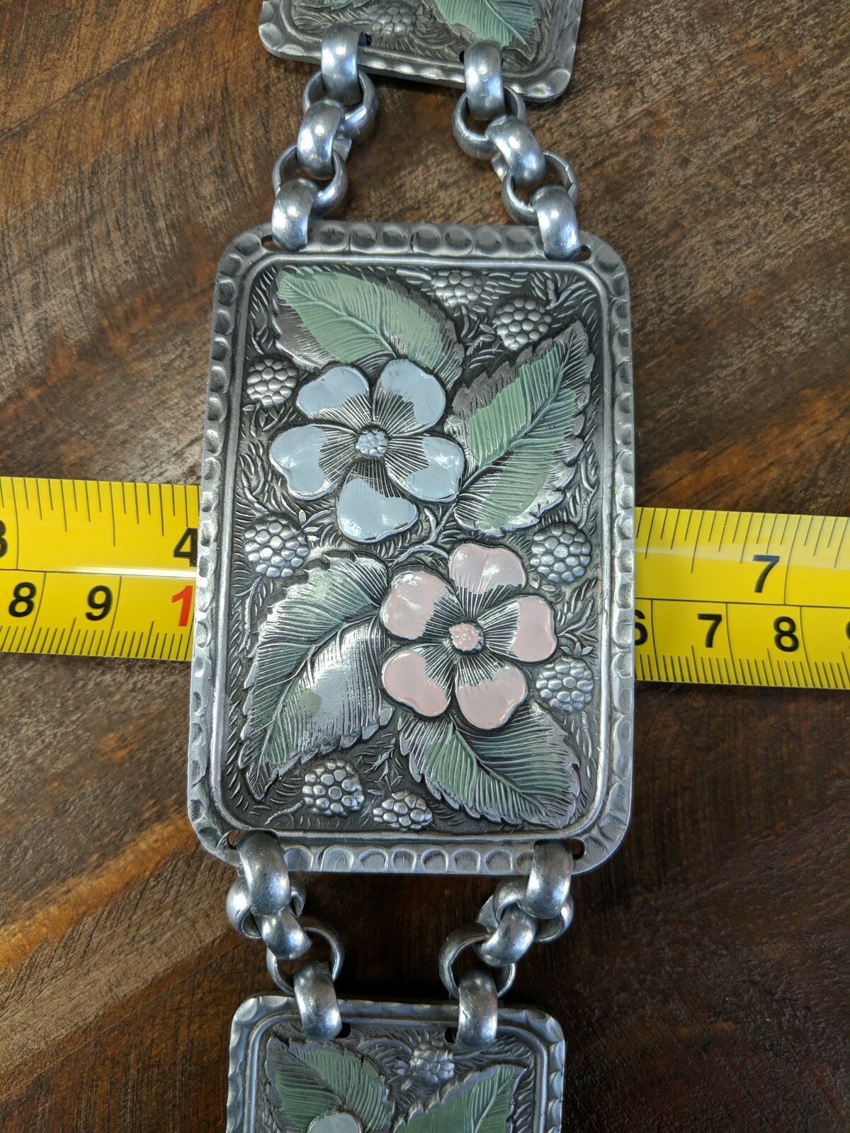 1940s Hammered Aluminum Arts&Crafts Belt Extension? Dogwood Raspberries Enamaled