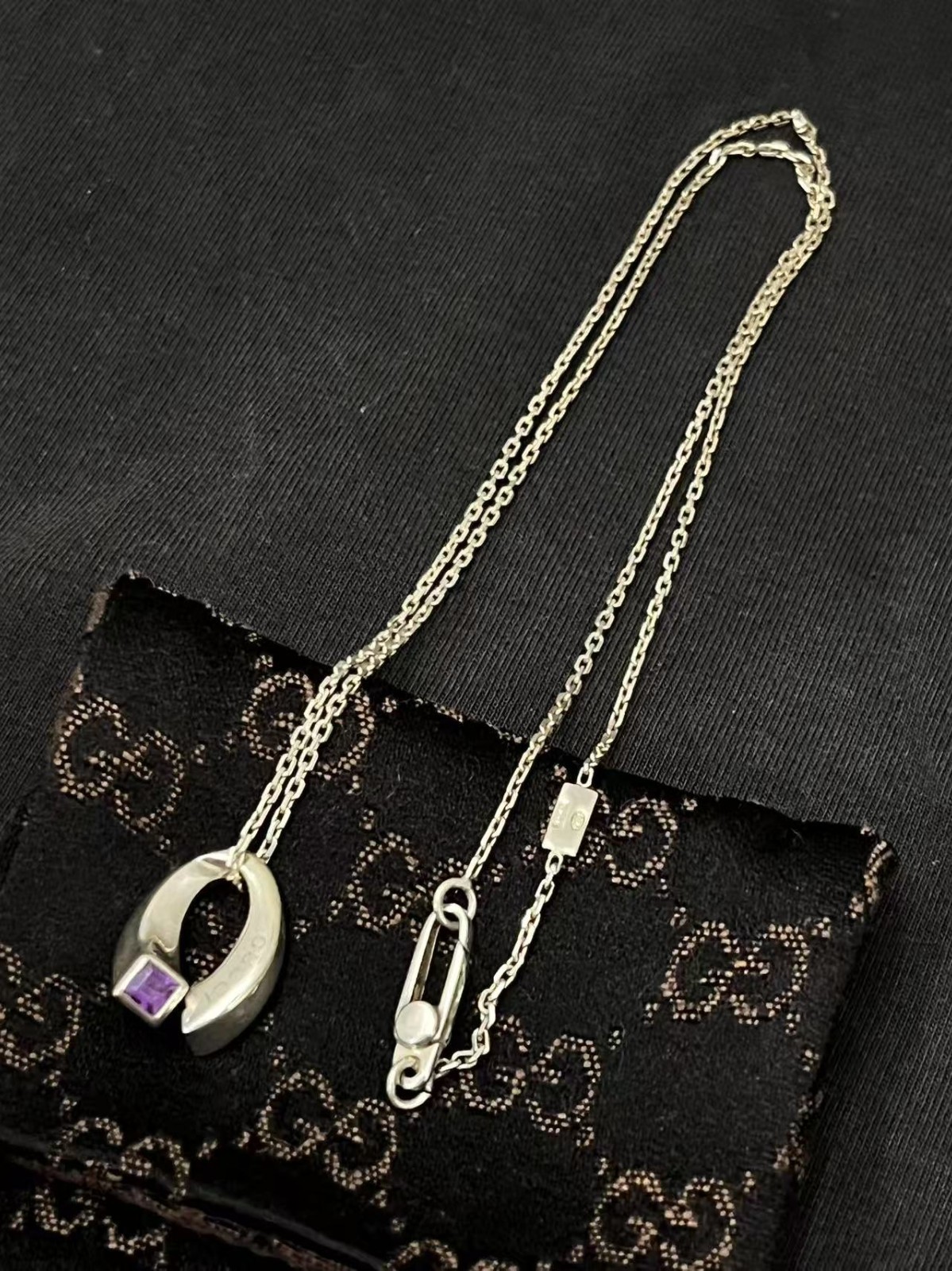 GUCCI Amethyst Twist Pendant 925 Silver Necklace 16.5in