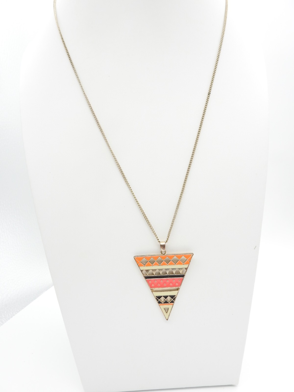 Orange Pink Black Cream Enamel Gold Tone Triangle Pendant Chain Necklace Vintage