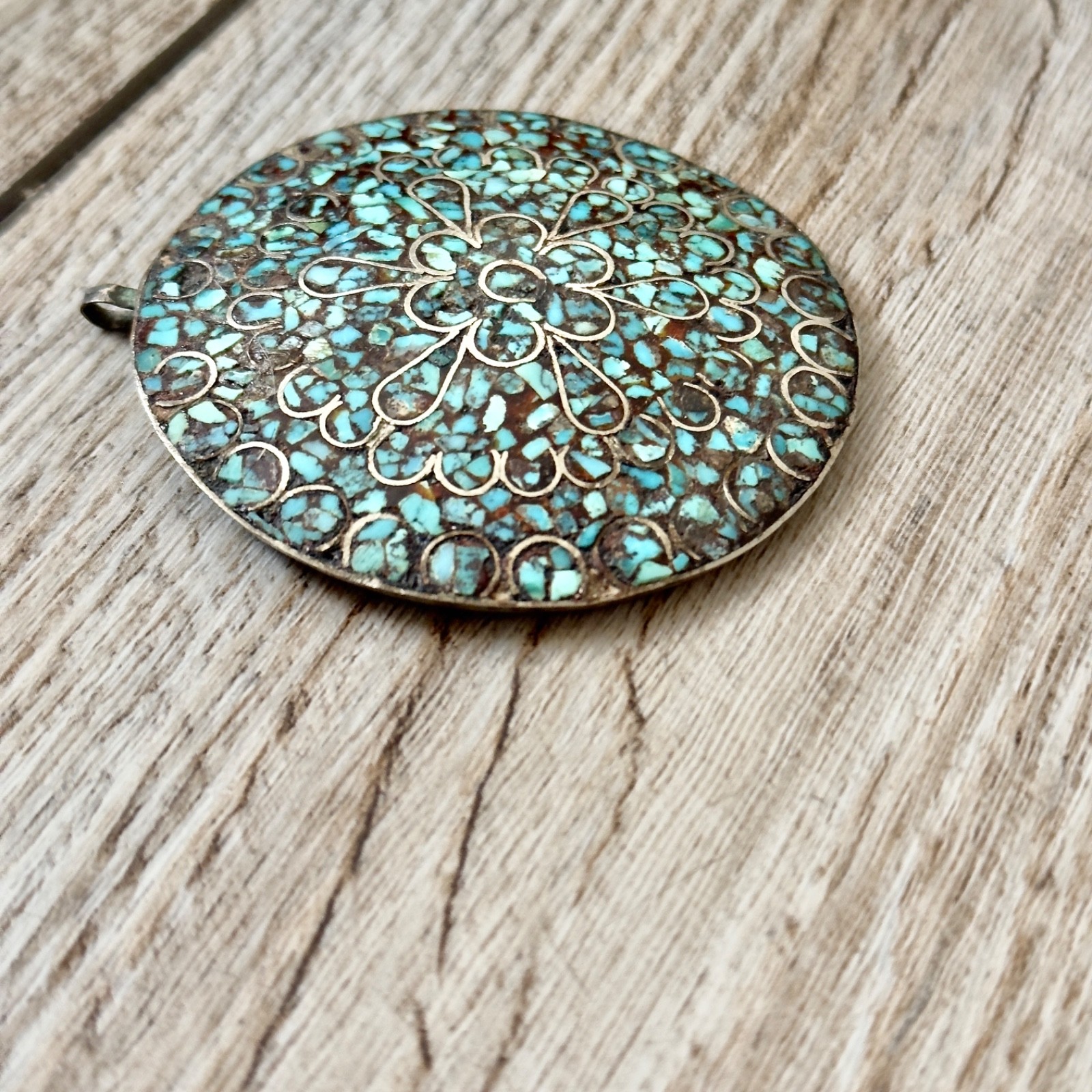 Vintage Mosaic Stone Chip Inlay Round Pendant Turquoise? Silver Tone Wire Work