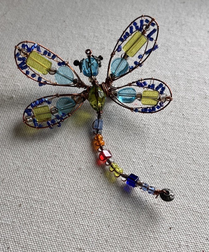 Vintage Handmade Copper Wire Multicolor Glass Beaded Dragonfly Large 4” Brooch