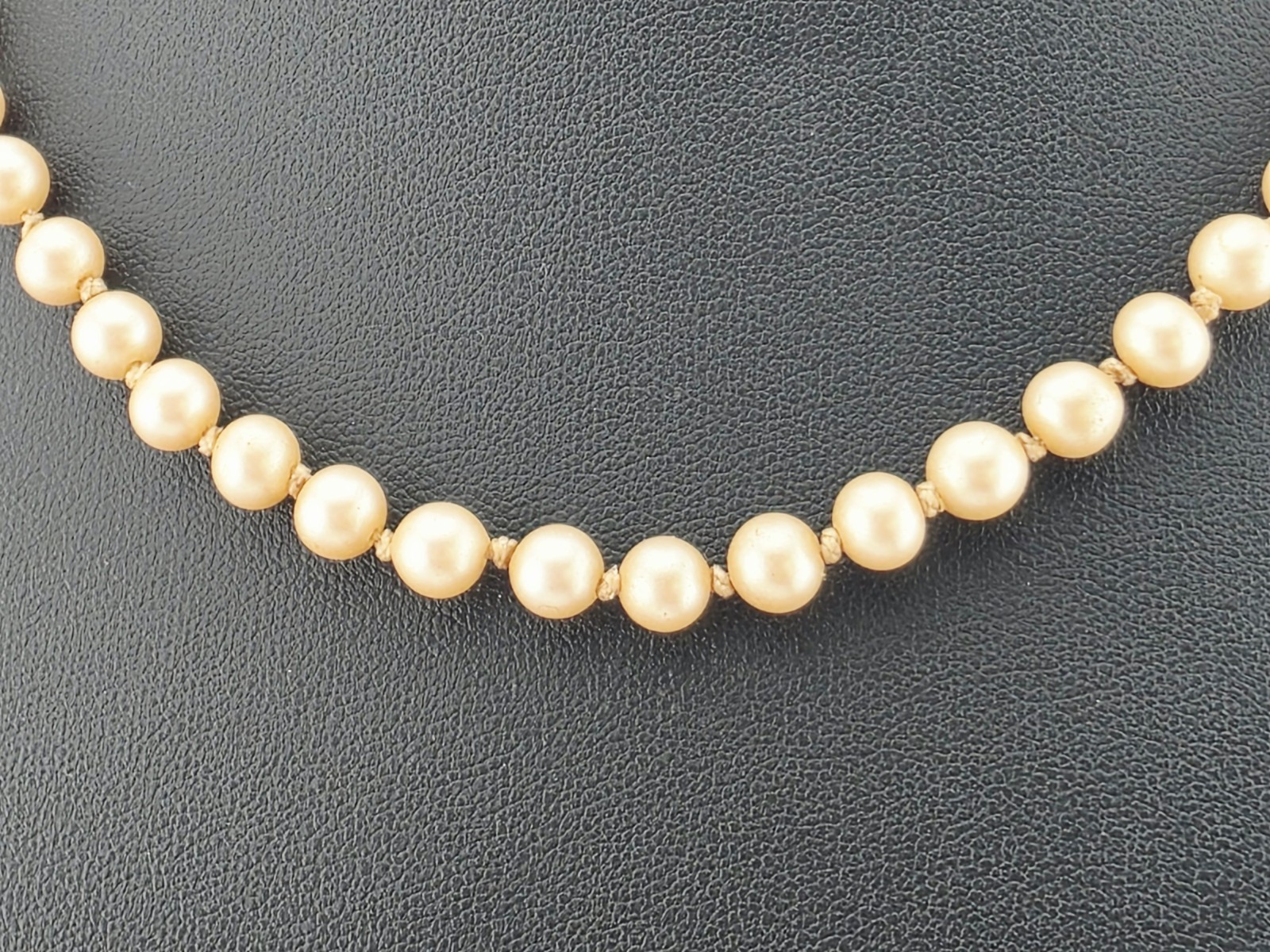 ​Vintage Hand Knotted Glass Pearl Necklace Sterling Silver Filigree Clasp 16″