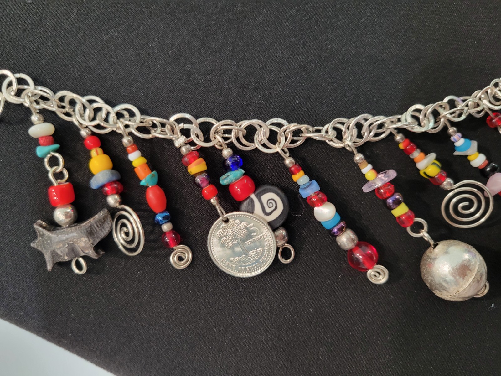 Vintage Multi-stone Tribal Guatemala Coin Charm Beaded Strand Silver Toned Boho