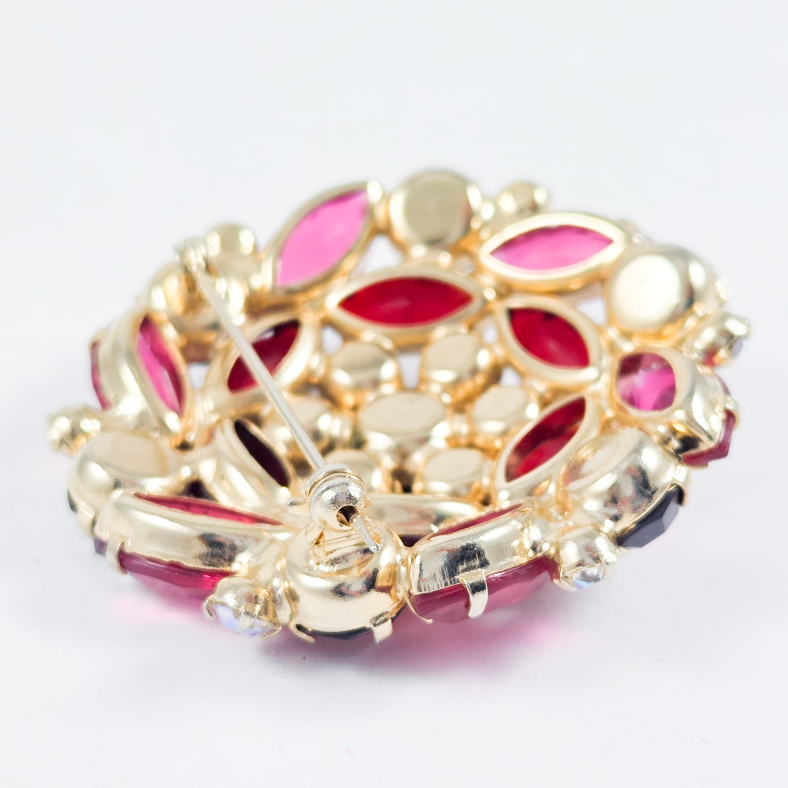 Retro Red Fuchsia Black AB Gold Tone Rhinestone Vintage Brooch