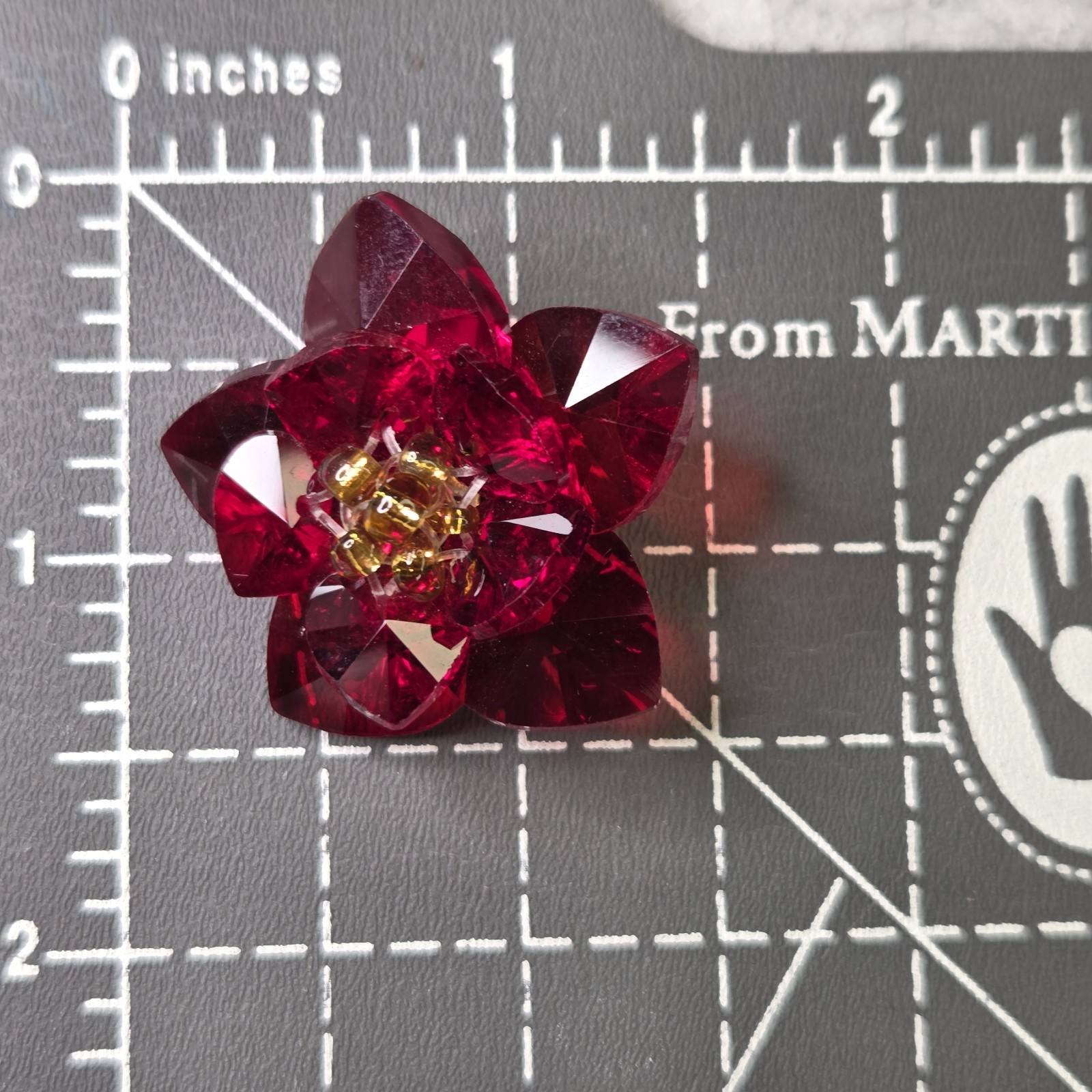 Vintage Red Glass Crystal Flower Brooch Pin Faceted 3D Mud Century Retro