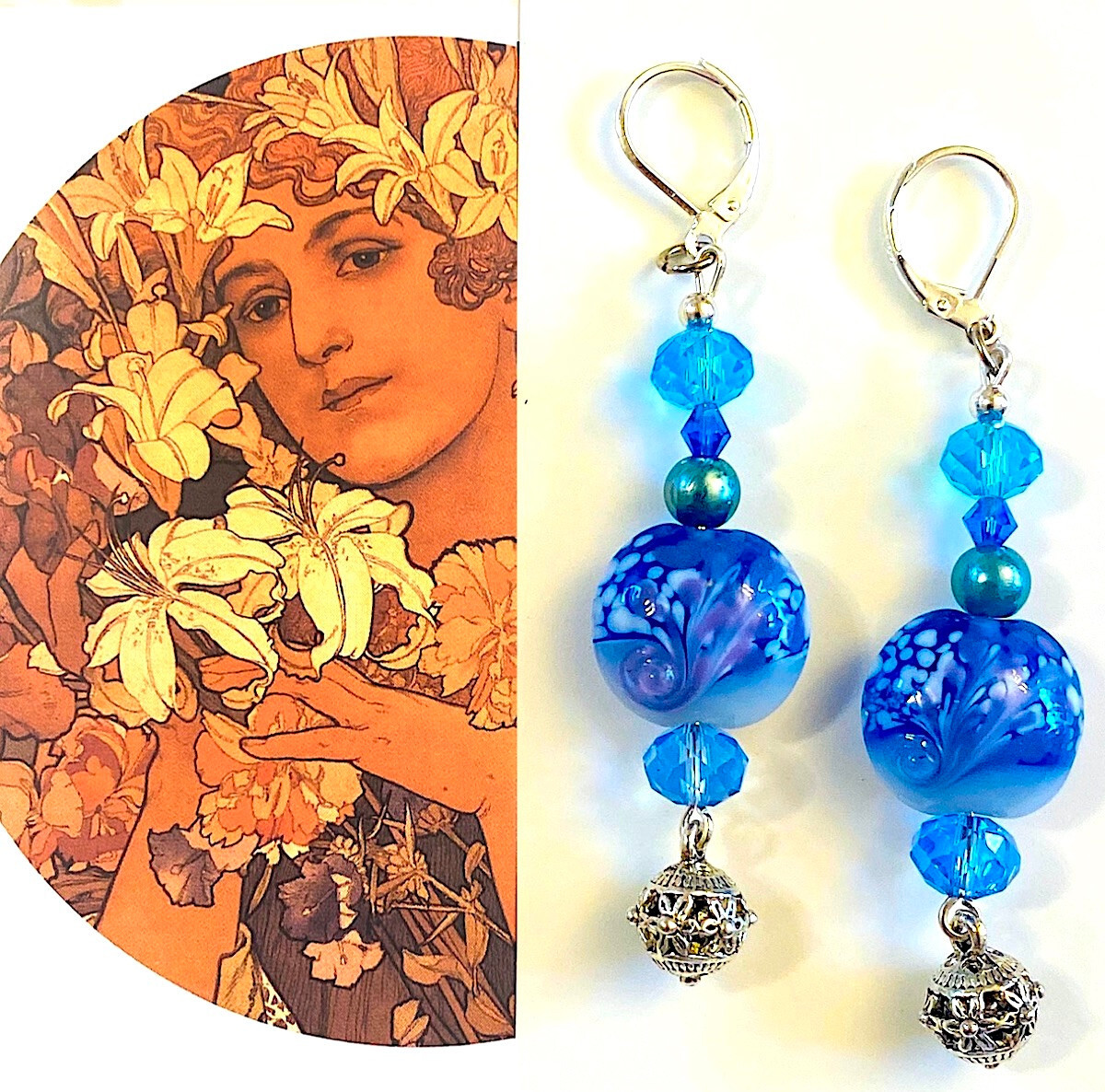 Quality Artist-made EARRINGS Lamp-work Vintage Style Blue Wave Discs STERLING