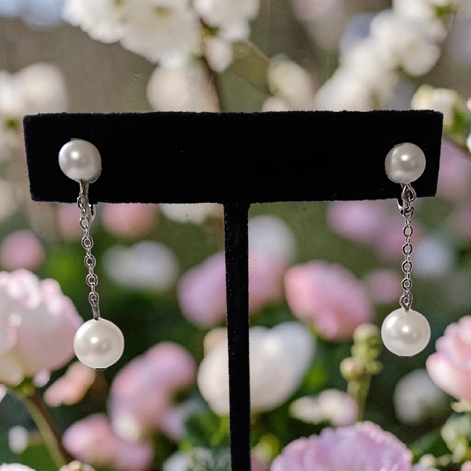 Vintage Faux Pearl Chain Dangle Earrings Dainty Delicate Silver Tone Elegant