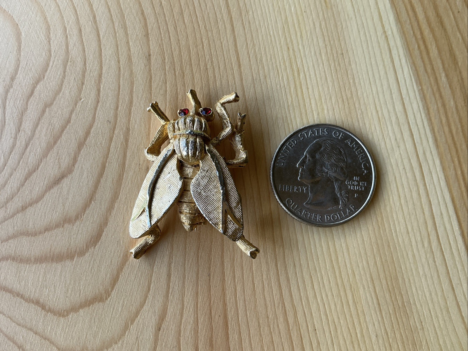 Vintage Fly Brooch Pin with Red Rhinestone Eyes Textured Gold Tone Medium Chunky