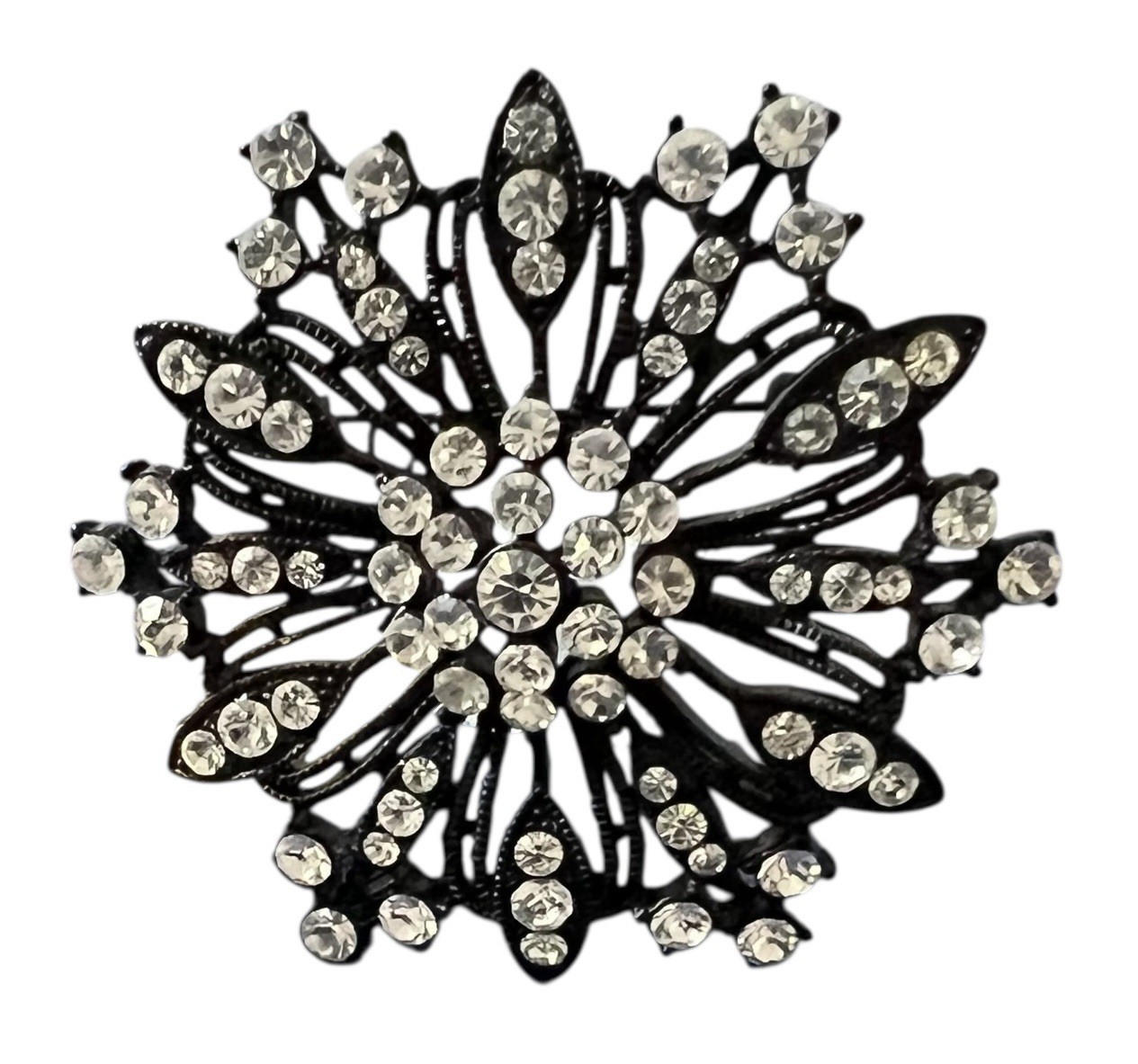 Vintage Black Spiral Starburst Metal Brooch/Pendant W/ Clear Sparkly Stones NWT