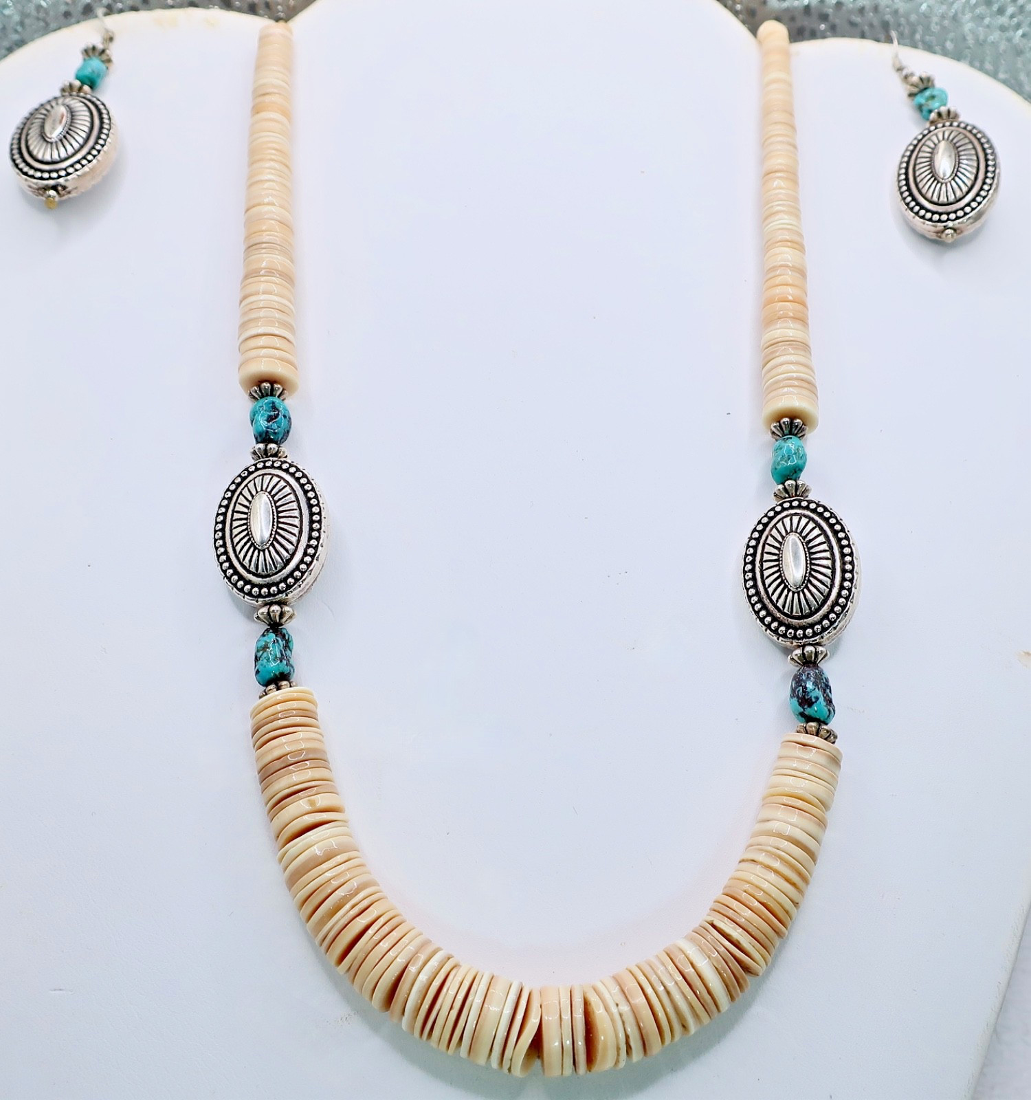 Vintage Southwestern Heishi Necklace Earring Set Turquoise Shell Graduated Beads