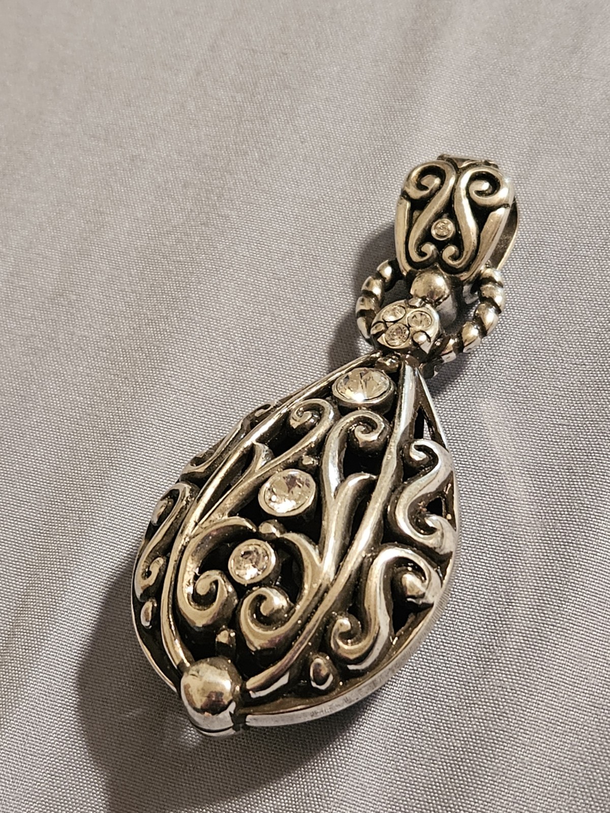 Antique Silver Pewter, Crystals – Filigree Teardrop Pendant Charm