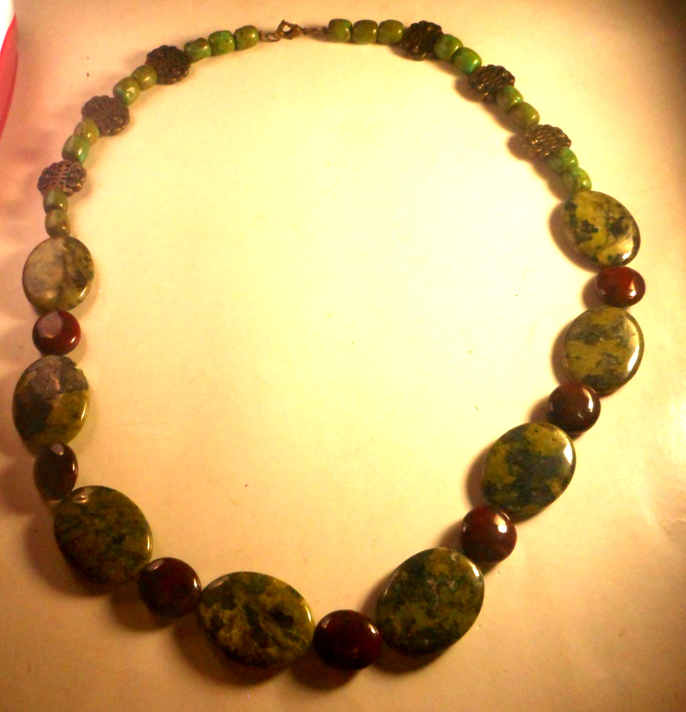 Vtg Artisan Bloodstone Jasper Brass Beaded Necklace Old 24″