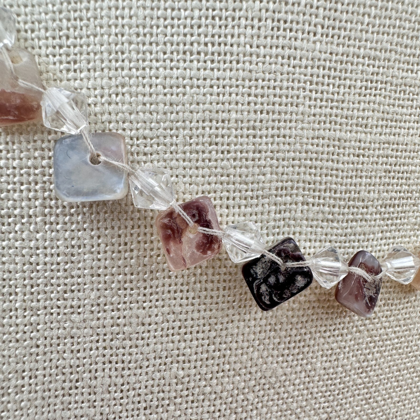Vintage 90s Square Tile Shell Glass Beaded Choker Necklace Silver Tone Jewelry