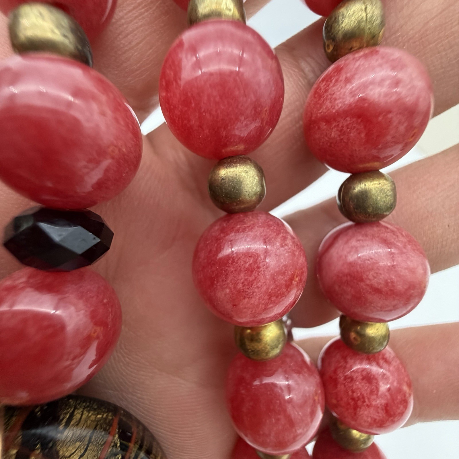 Vintage Artisan Rhodocrosite Pink Gemstone Necklace Murano Pendant Estate