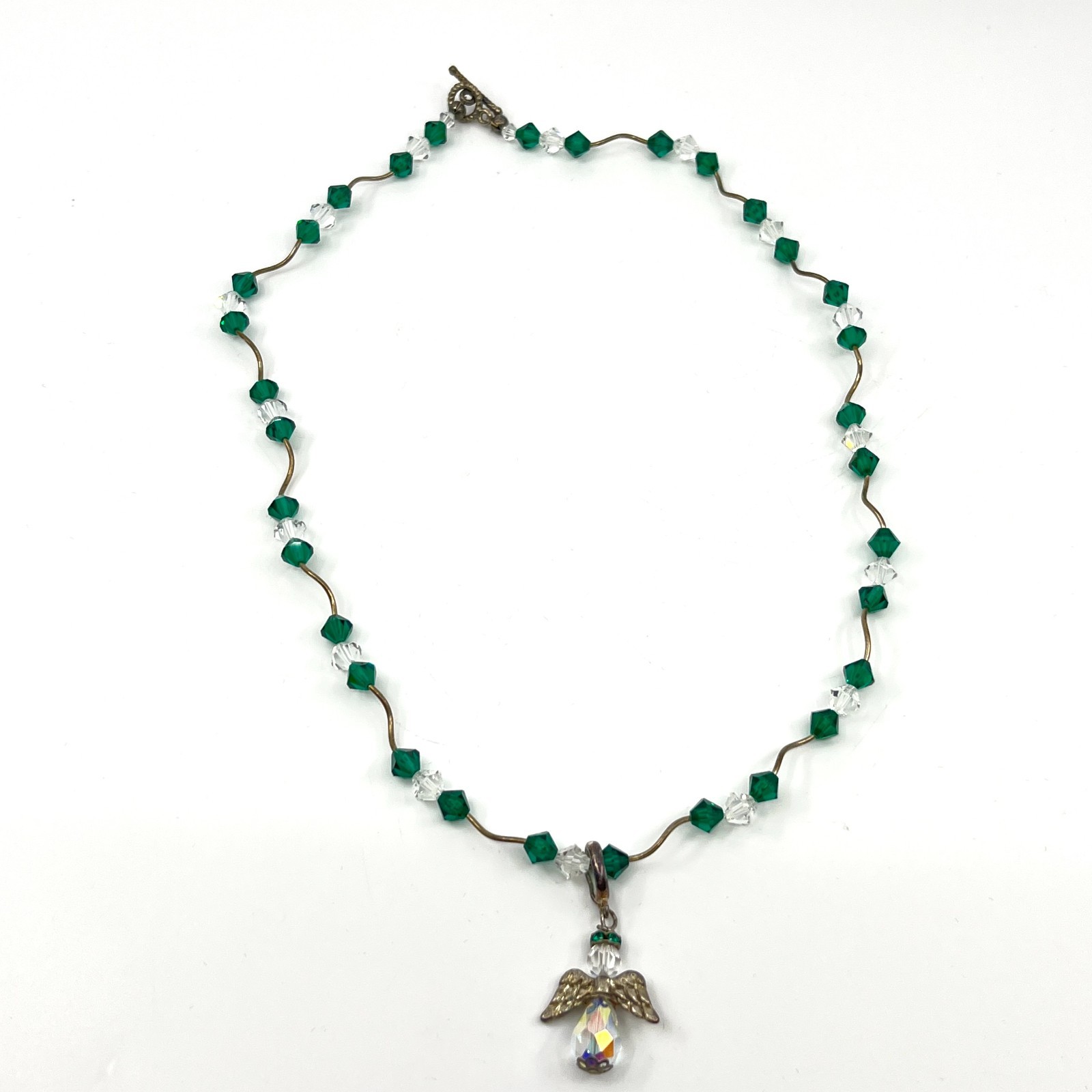 Vintage Classic Green & Iridescent Crystal Angel Pendant Necklace Toggle Clasp