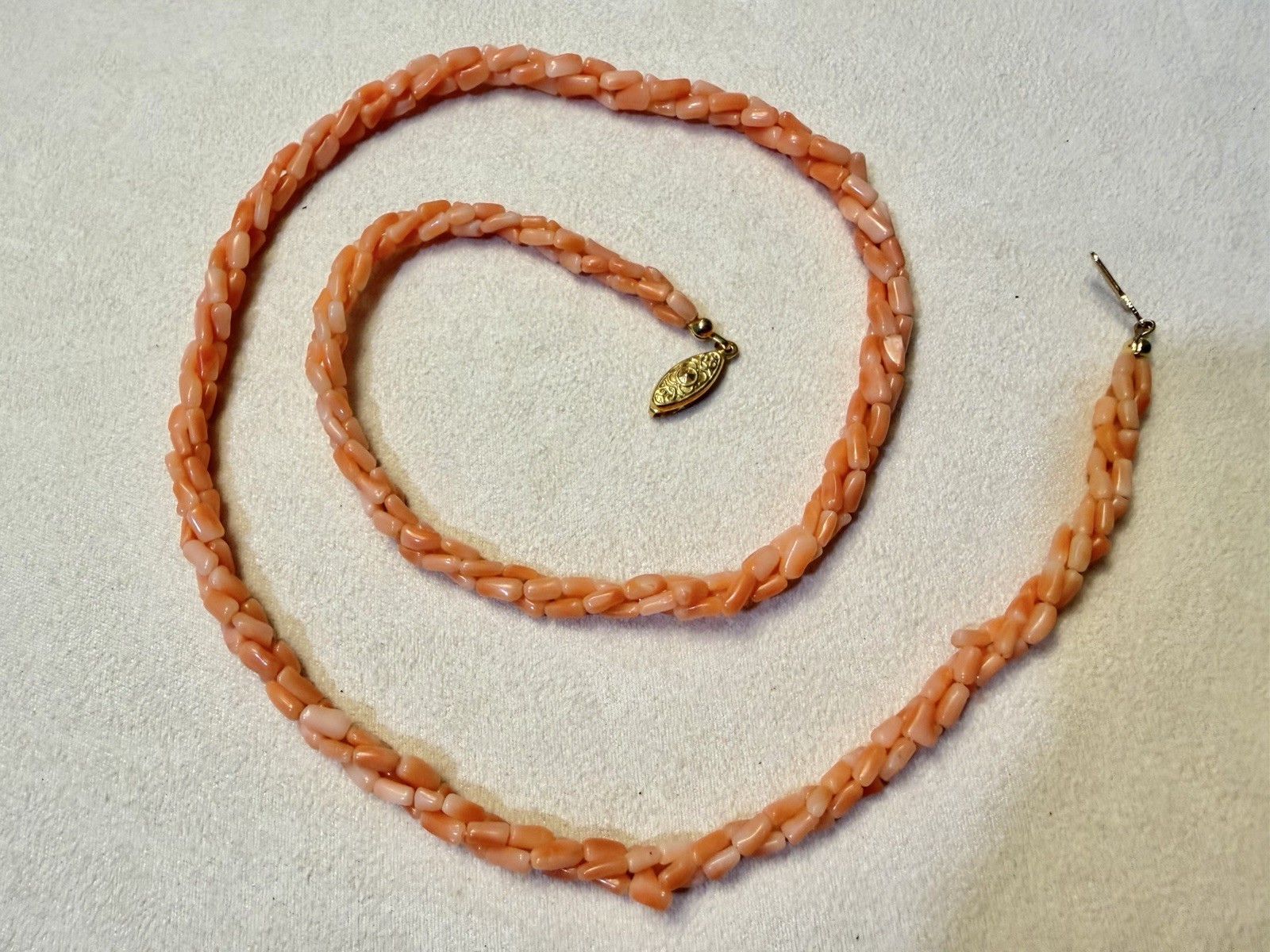Vintage Angel Skin Coral Twisted Multistrand Necklace Fish Hook Clasp 24” Length
